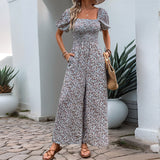 Blomstret Jumpsuit med Vide Ben og Smock Overdel
