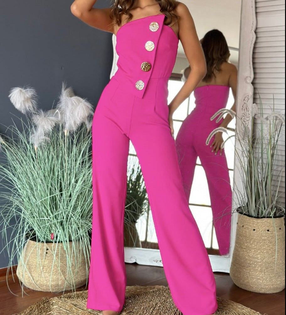 Asymmetrisk Jumpsuit med Dekorative Knapper og Vide Ben