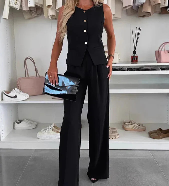 Dame sæt 2-delt – vest og bukser i lys beige til et elegant look