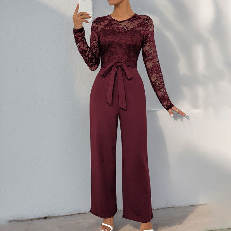 Jumpsuit med Blondeoverdel og Bindebånd i Taljen