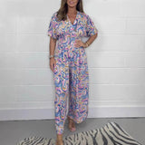Farverig Jumpsuit med Mønster og Korte Ærmer
