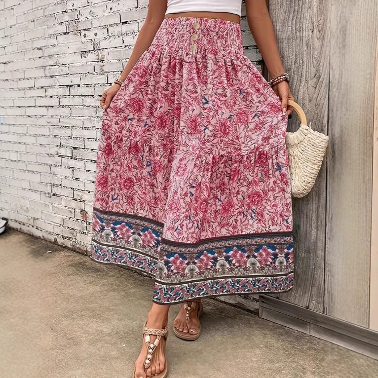 Boheme Maxi Nederdel med Blomsterprint og Elastik