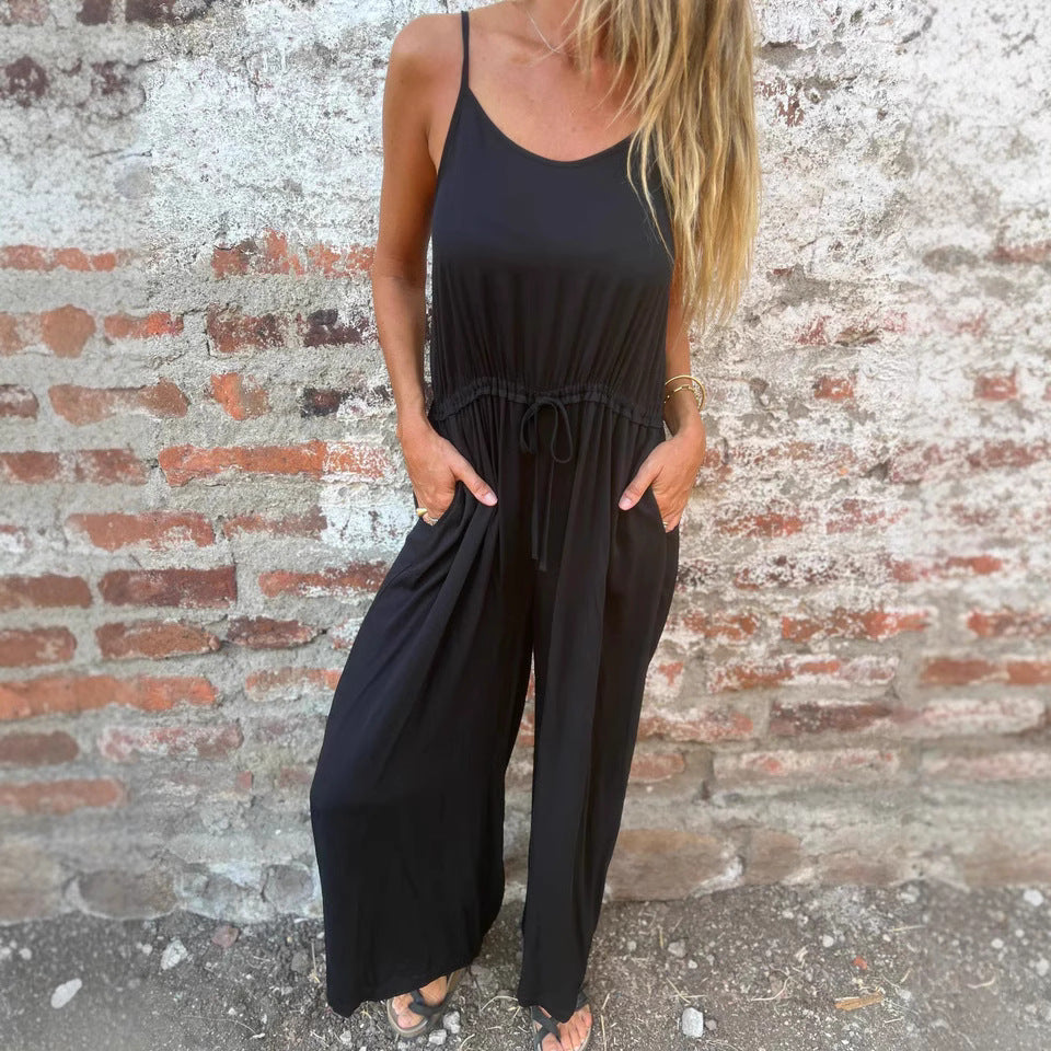 Beige Jumpsuit med Spaghettistropper og Bindebånd til Damer