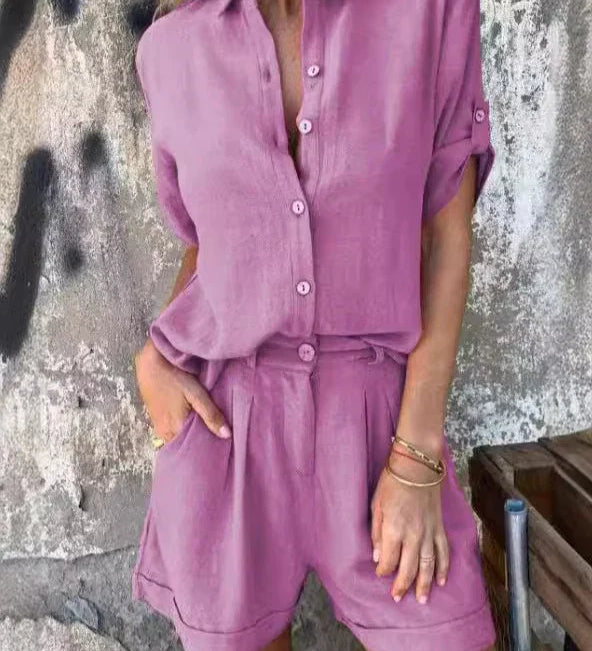 Sommersæt med Skjorte og Shorts i Linnedlook