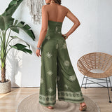 Strapless dame jumpsuit med bindebånd og boheme mønster