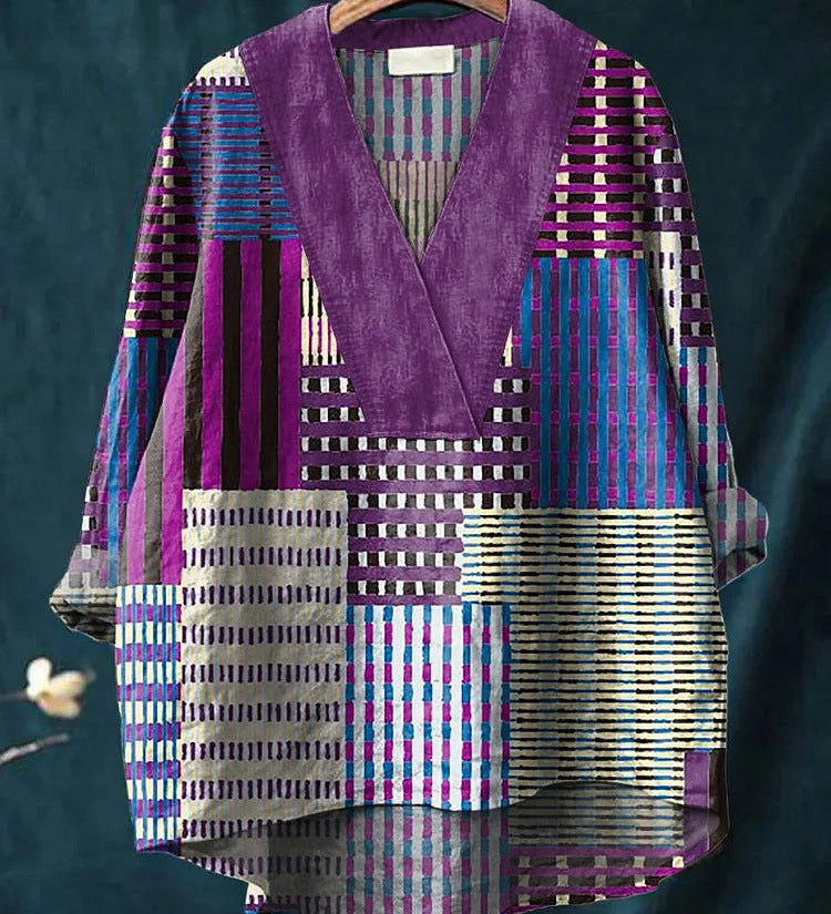 Boheme Damebluse med Mønstret Print og V-Hals