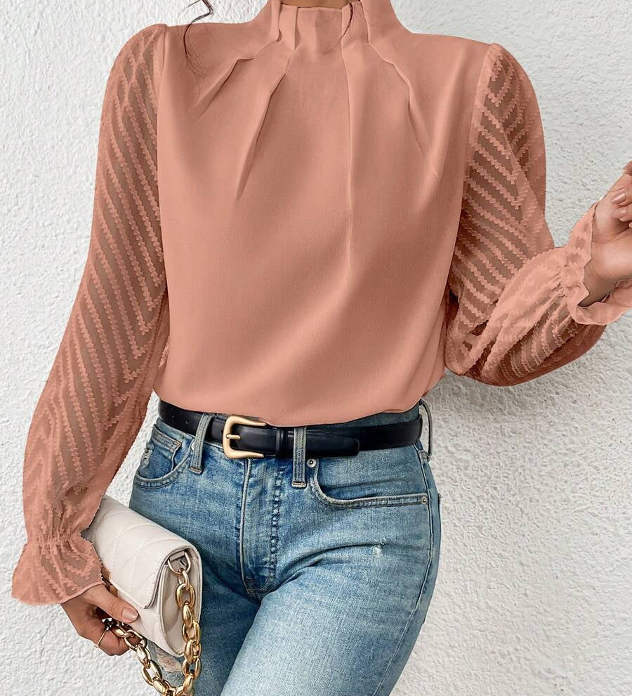 Elegant Damebluse med Høj Hals og Transparente Ærmer