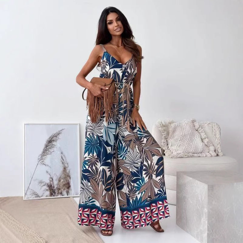 Boheme dame jumpsuit med brede ben og justerbart bindebånd