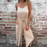 Beige Jumpsuit med Spaghettistropper og Bindebånd til Damer