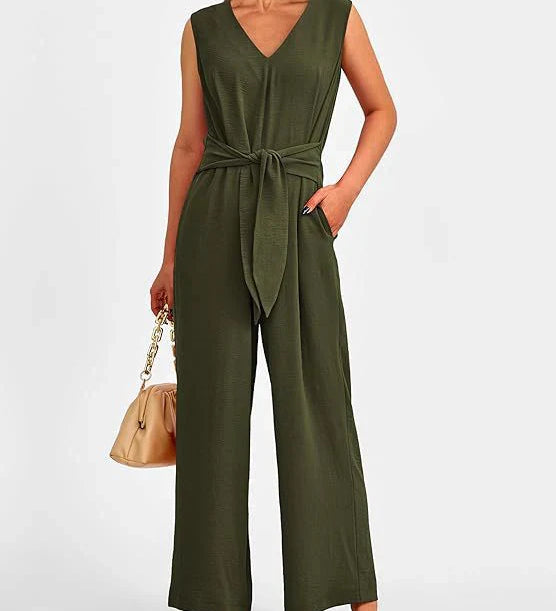 Ærmeløs Jumpsuit med V-udskæring og Taljebælte