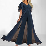 Elegant chiffon buksedragt med flagrende ærmer
