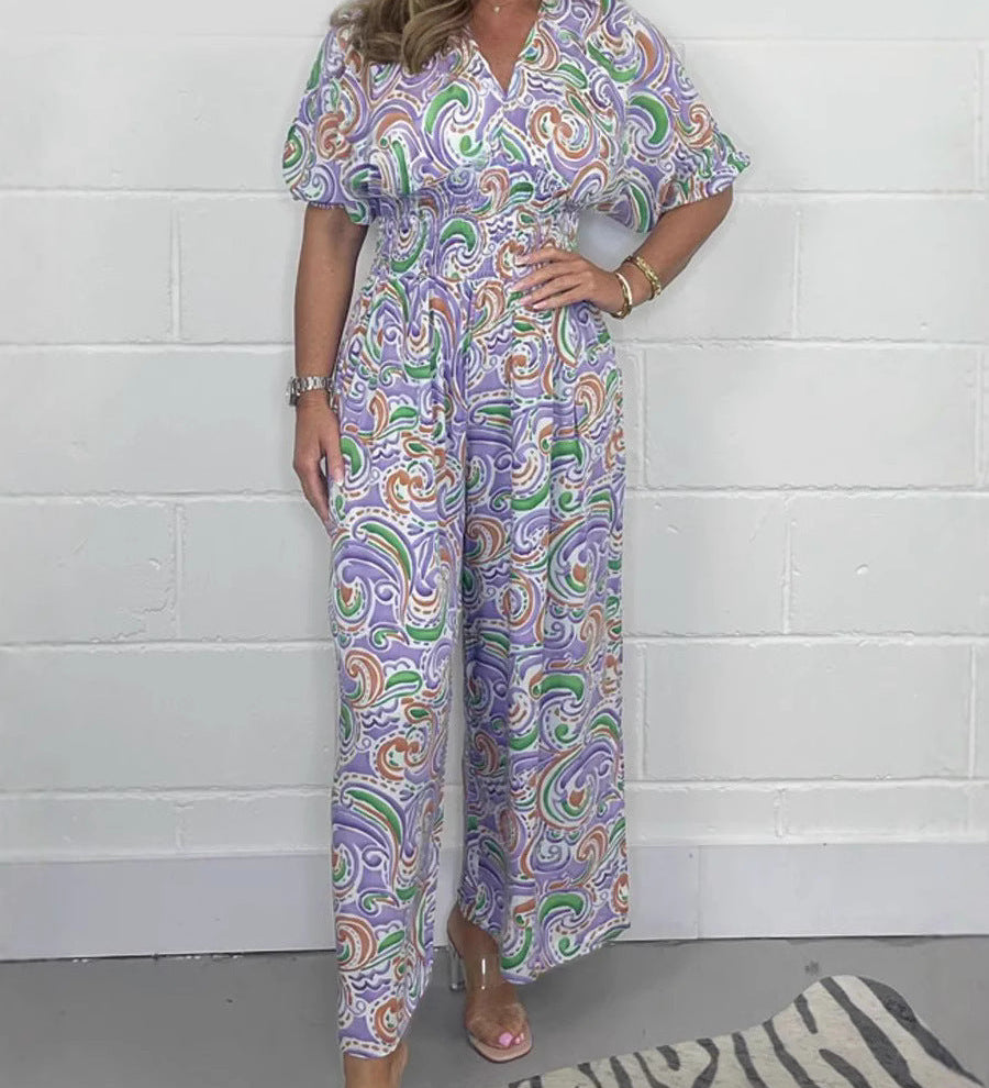 Farverig Jumpsuit med Mønster og Korte Ærmer