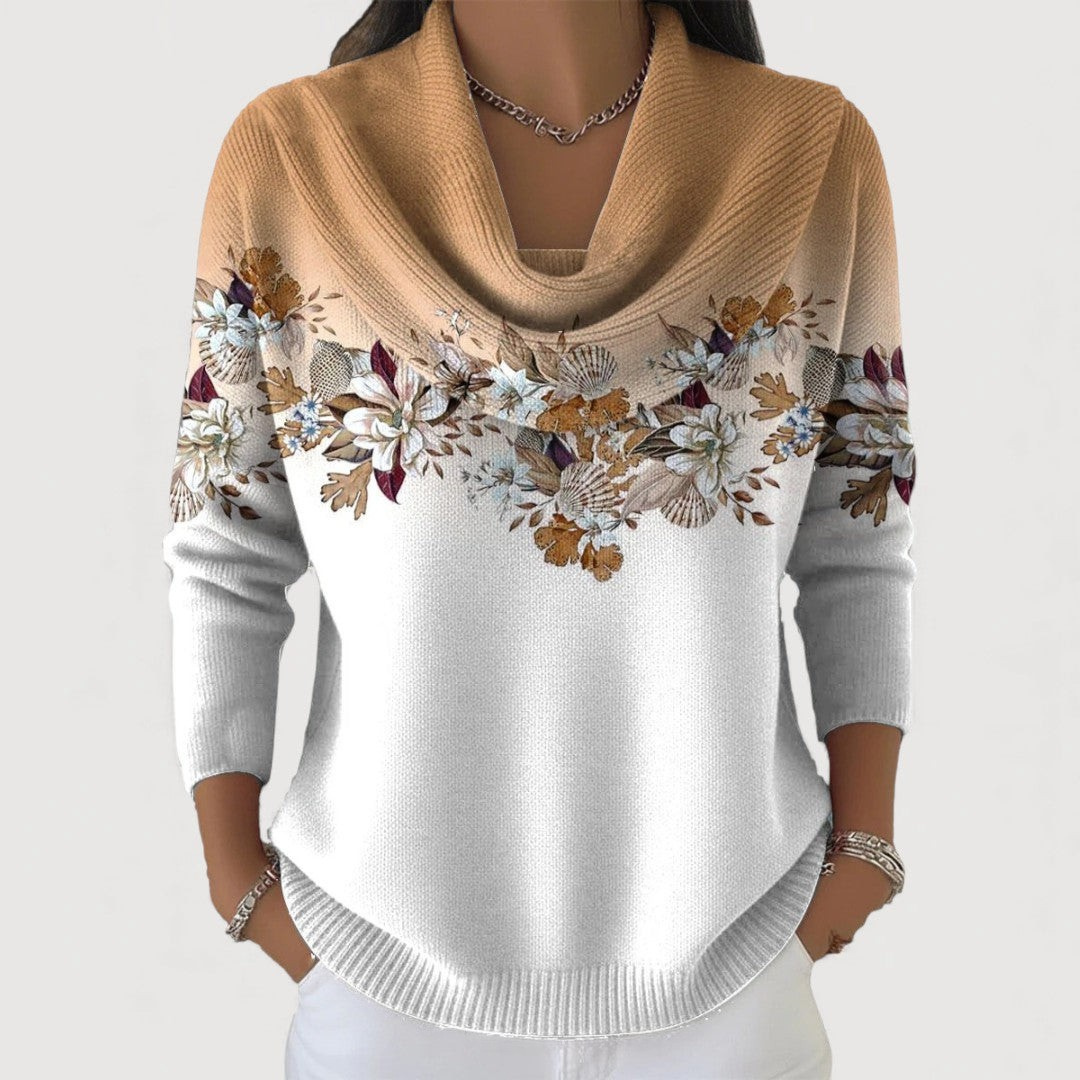 Strikket Bluse med Blomstermotiv og Løs Krave – Blød Komfort og Feminin Stil