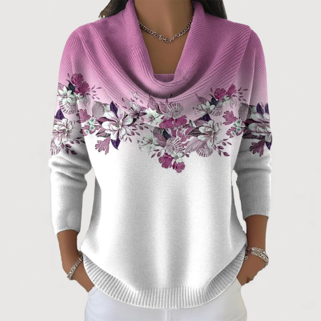 Strikket Bluse med Blomstermotiv og Løs Krave – Blød Komfort og Feminin Stil