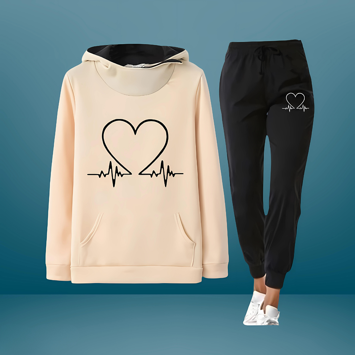 Hoodie Sæt med Hjerteprint og Joggingbukser – Komfortabel Hverdagsstil