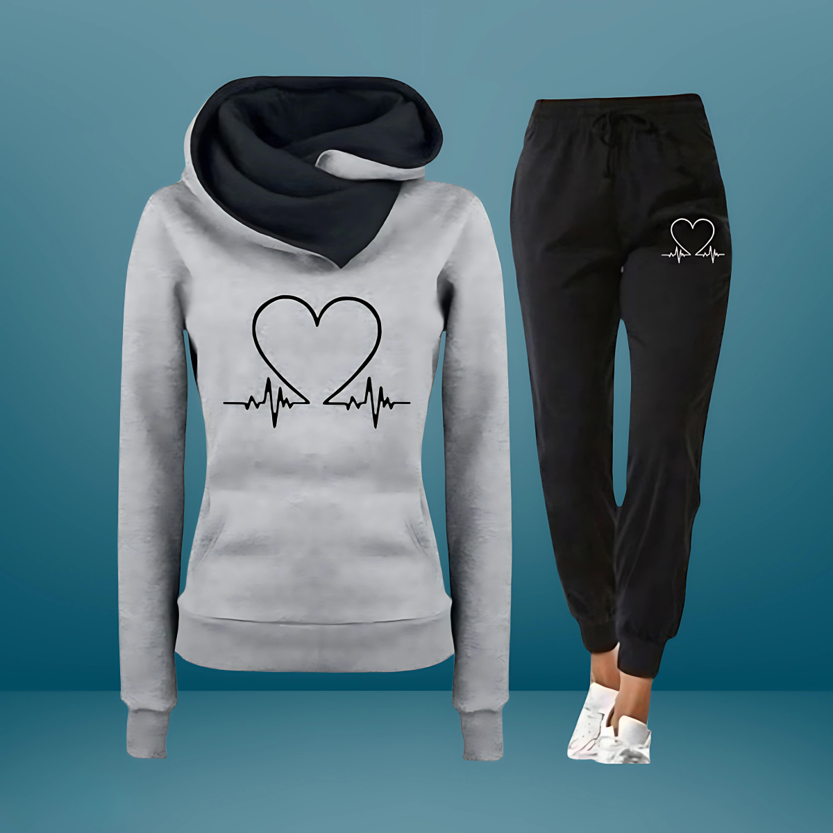 Hoodie Sæt med Hjerteprint og Joggingbukser – Komfortabel Hverdagsstil