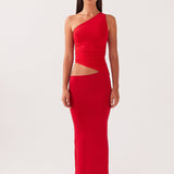Lang kjole med one-shoulder design og cut-out detalje