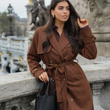 Lang Trenchcoat med Bindebælte og Uldlook