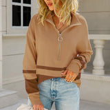 Striktrøje dame med lynlås og sporty striber