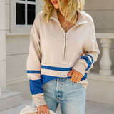 Striktrøje dame med lynlås og sporty striber