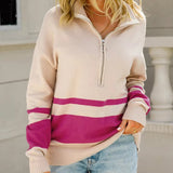 Striktrøje dame med lynlås og sporty striber