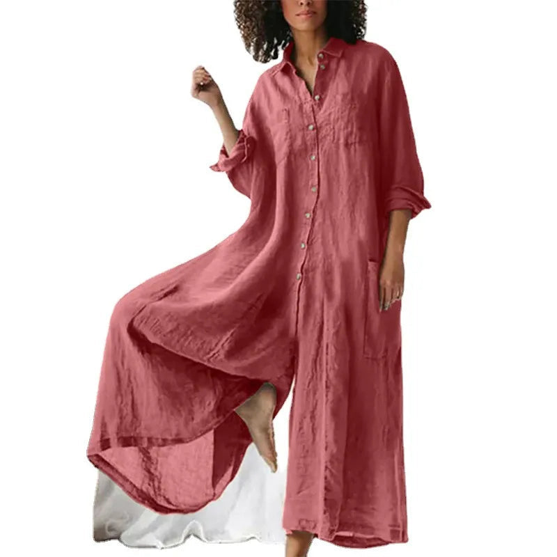 Løs Skjorte Jumpsuit med Krave og Knaplukning