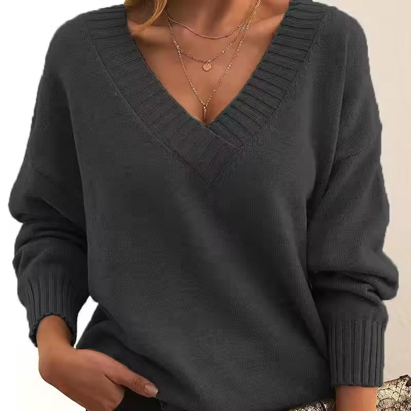 Strikket V-Hals Sweater med Afslappet Pasform