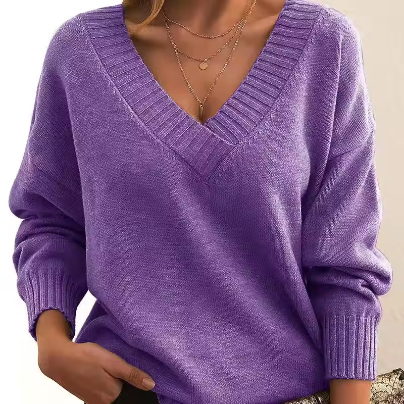 Strikket V-Hals Sweater med Afslappet Pasform