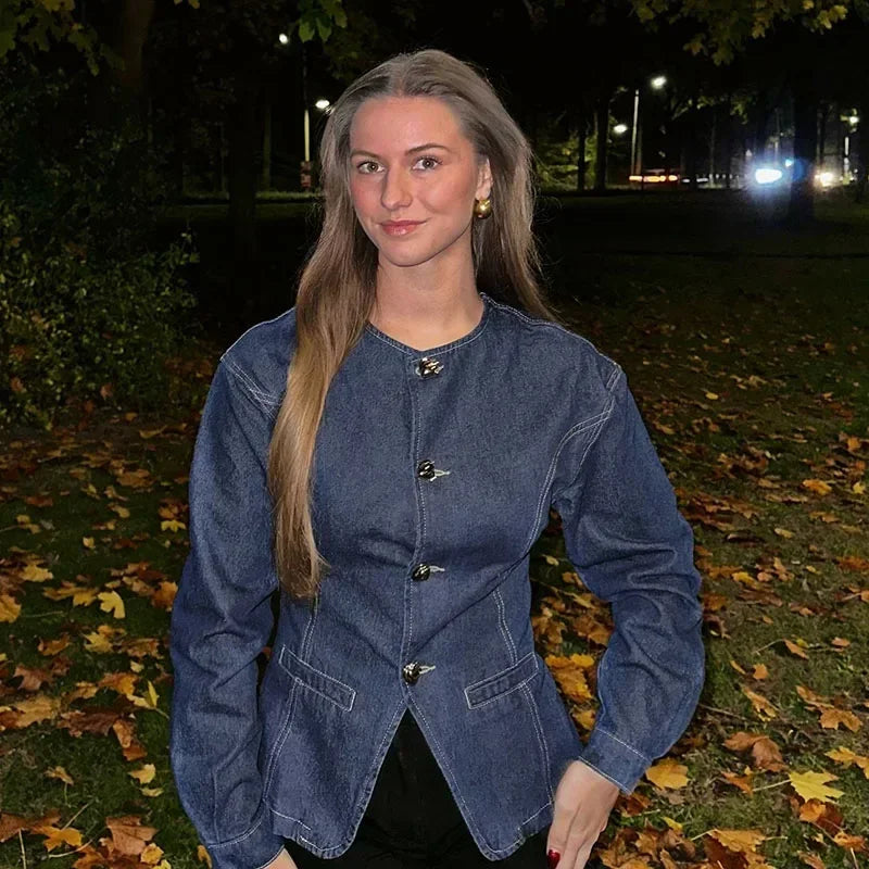 To-delt Denim Sæt med Figursyet Jakke og Lige Bukser