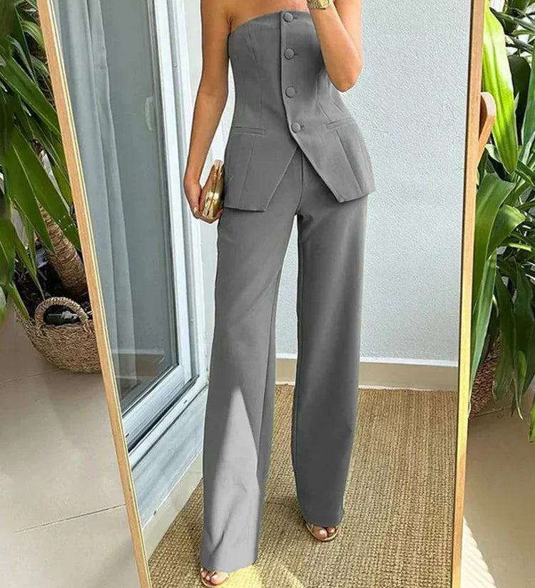 Stropløst Sæt med Top og Vide Bukser – Elegant Sommerlook med Komfort