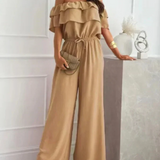Off-Shoulder Jumpsuit med Flæser og Bindetalje