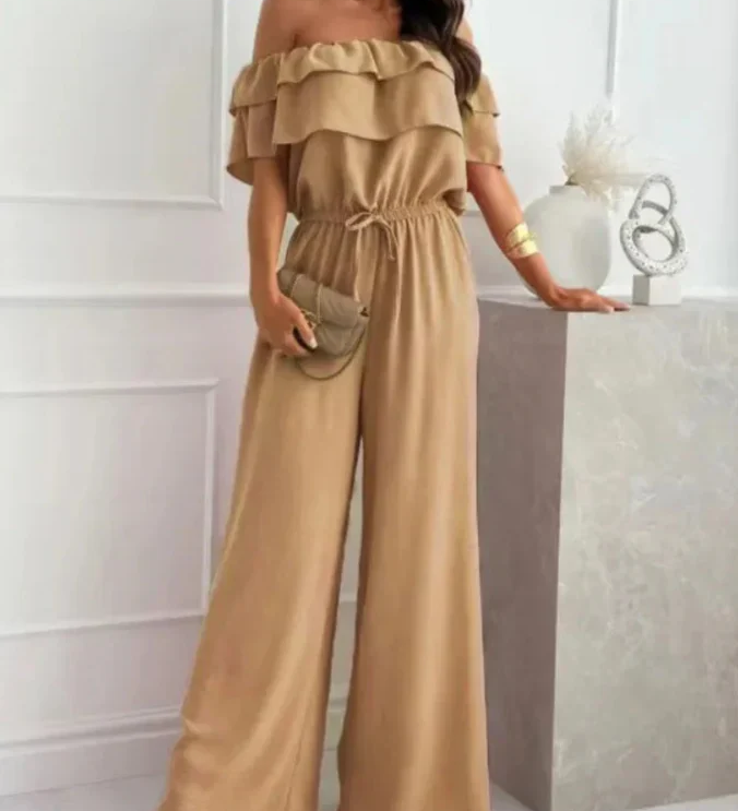 Off-Shoulder Jumpsuit med Flæser og Bindetalje