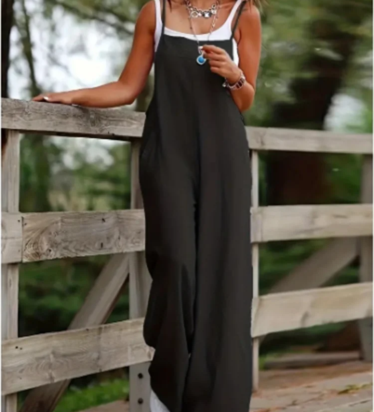 Casual Dungaree Jumpsuit med Vide Ben og Løs Pasform