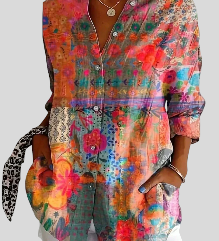 Let Skjortebluse med Kunstnerisk Print – Afslappet Stil og Feminin Lethed