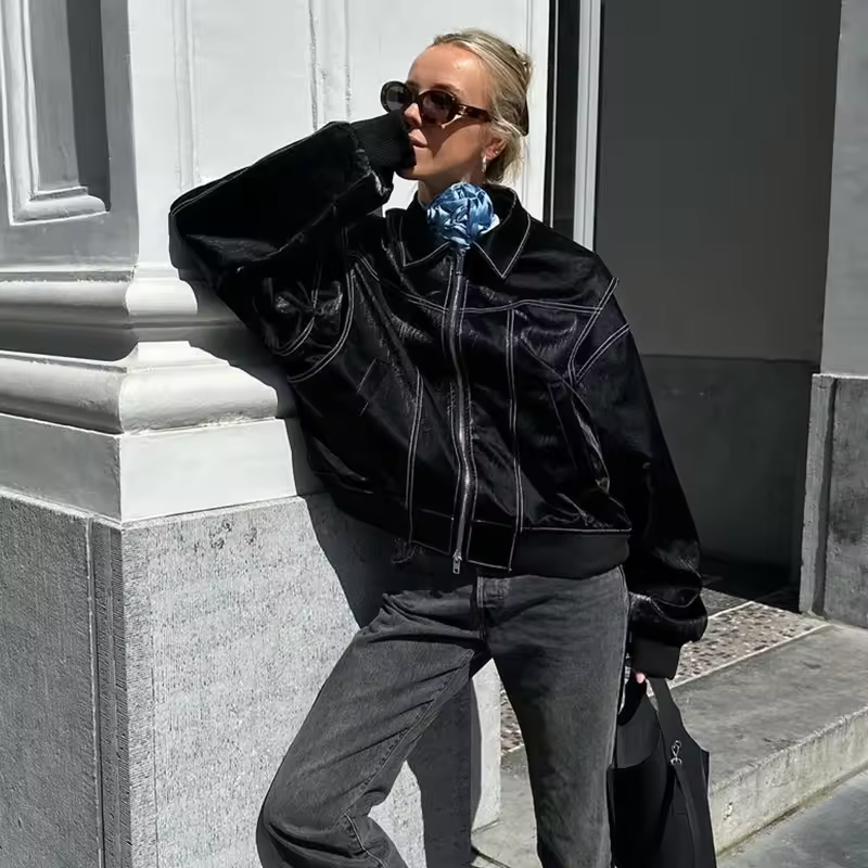 Oversized Læderlook Jakke med Moderne Pasform