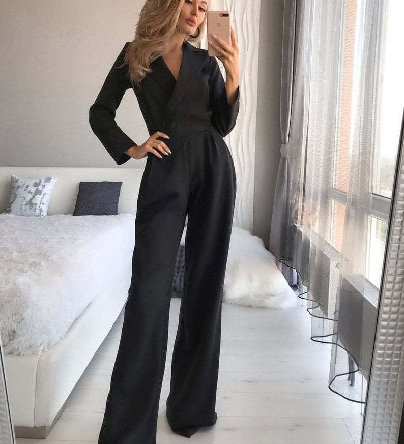 Jumpsuit med Slå-om Effekt og Lange Ærmer