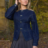 To-delt Denim Sæt med Figursyet Jakke og Lige Bukser