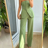 Stropløst Sæt med Top og Vide Bukser – Elegant Sommerlook med Komfort