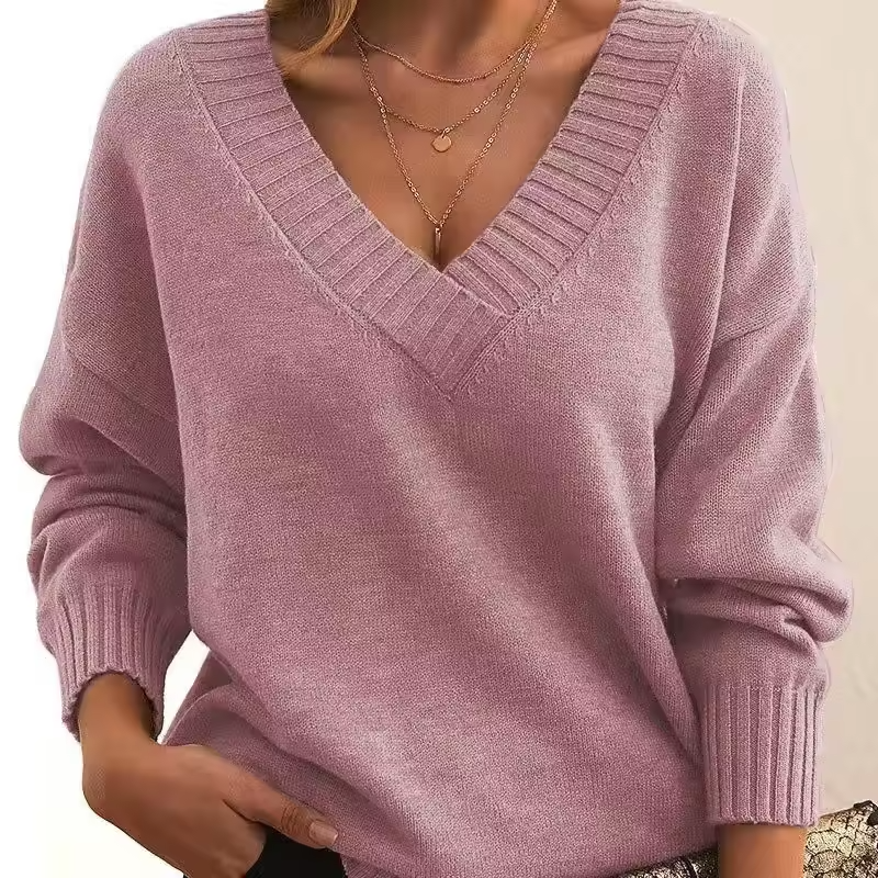 Strikket V-Hals Sweater med Afslappet Pasform
