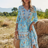 Boheme Midikjole med Blomsterprint og 3/4 Ærmer – Perfekt til Sommer og Forår