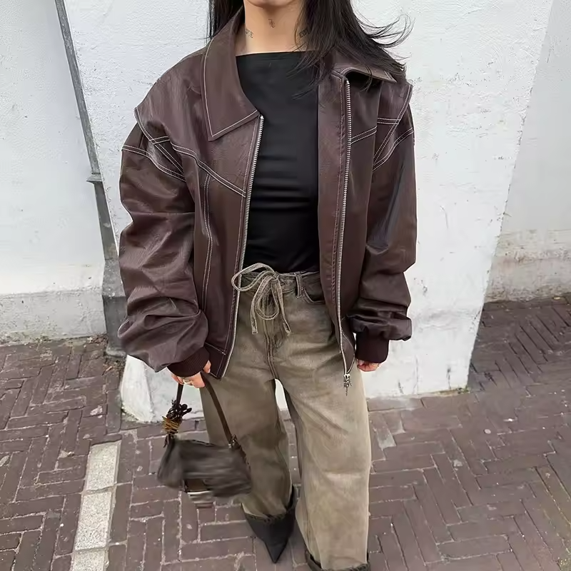 Oversized Læderlook Jakke med Moderne Pasform