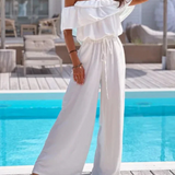 Off-Shoulder Jumpsuit med Flæser og Bindetalje