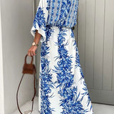 Elegant Maxi Kjole med Blå Blomstermønster – Kimono Ærmer og Bindebånd