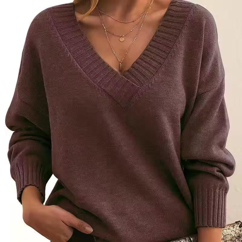 Strikket V-Hals Sweater med Afslappet Pasform