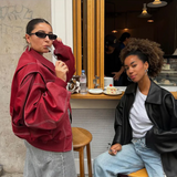 Oversized Læderlook Jakke med Klassisk Krave