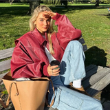 Oversized Læderlook Jakke med Klassisk Krave