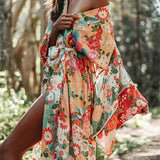 Boho kimono med blomsterprint – Lang kaftan med bindebælte og sommer vibe