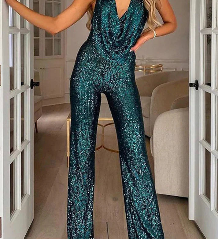 Festjumpsuit med Pailletter og Draperet Halterneck