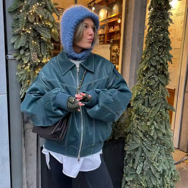 Oversized Læderlook Jakke med Moderne Pasform