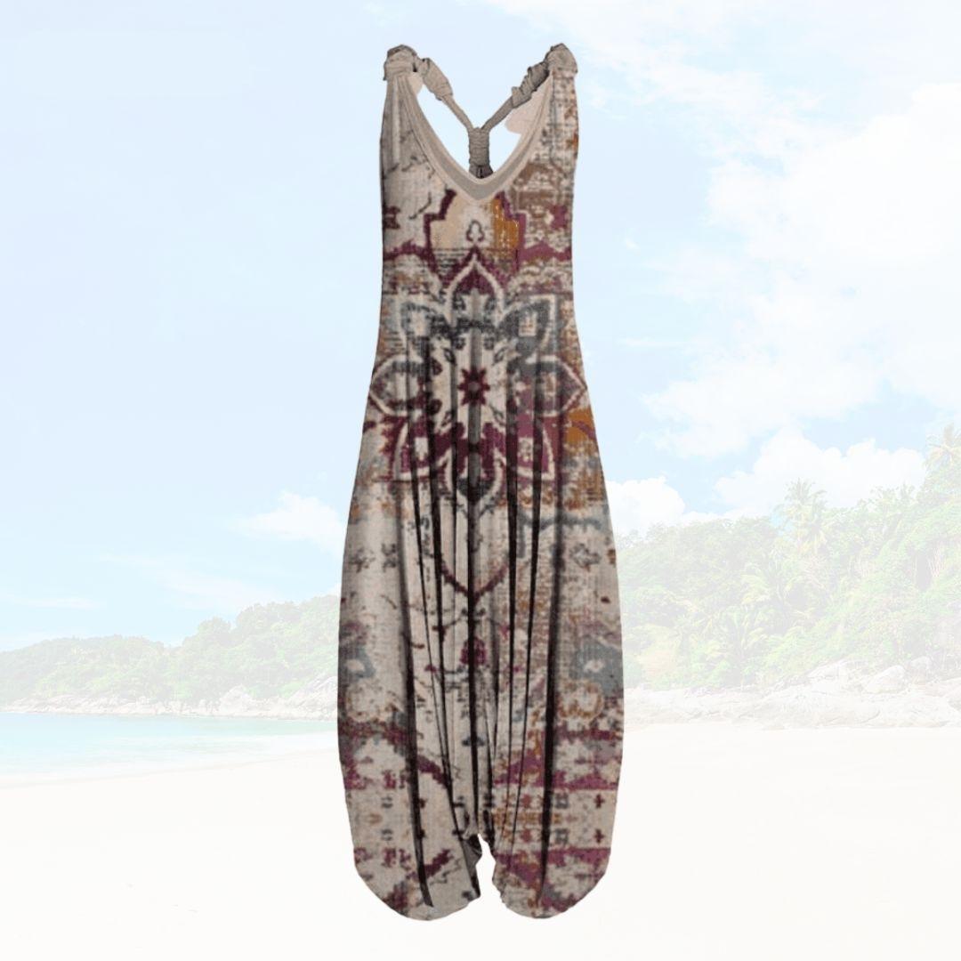 Boheme Jumpsuit med Tropisk Mønster og Lav Ryg
